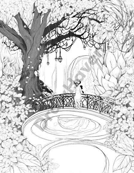 Coloring book image of elven village in an enchanted forest with glowing trees, vine bridges, and a magical fountain in black and white