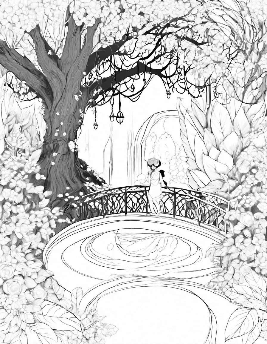Coloring book image of elven village in an enchanted forest with glowing trees, vine bridges, and a magical fountain in black and white