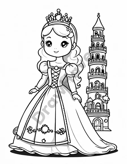 Coloring book image of princess ruby in a ruby-adorned gown at her first royal ball in moonstone castle's grand hall in black and white