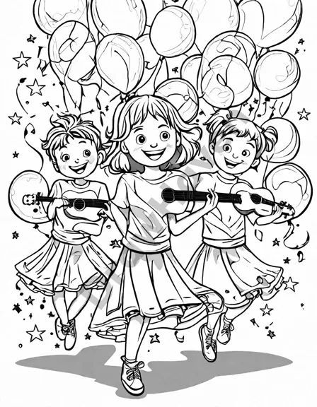 coloring page of students performing various talents at the school talent show, with audience watching in black and white