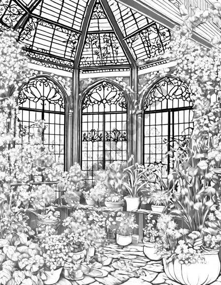 victorian greenhouse coloring page with delicate glass panels and intricate ironwork, surrounded by lush garden and exotic plants in black and white
