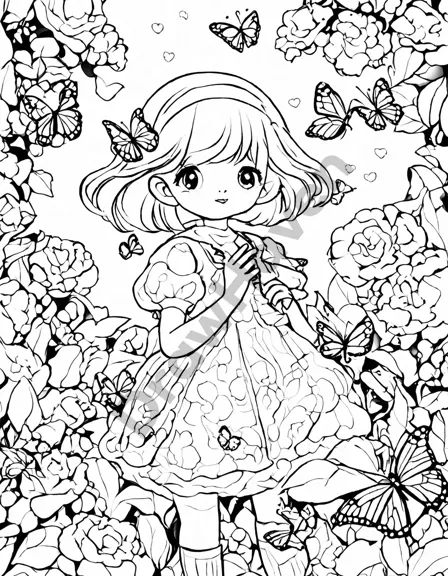 Coloring book image of dreamy garden sanctuary with vibrant flowers, fluttering butterflies, and paths of imagination in black and white