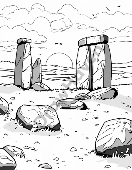 stonehenge silhouette against stunning sunset sky in a coloring page capturing ancient mystique and magical dusk, surrounded by english countryside in black and white