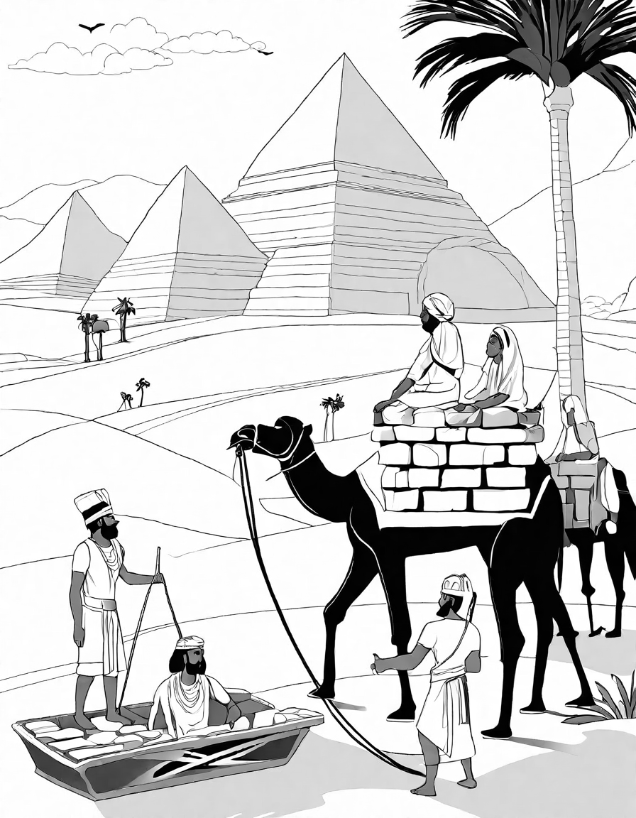 Coloring book image of workers and engineers constructing a pyramid under the egyptian sun, overseen by a pharaoh in black and white