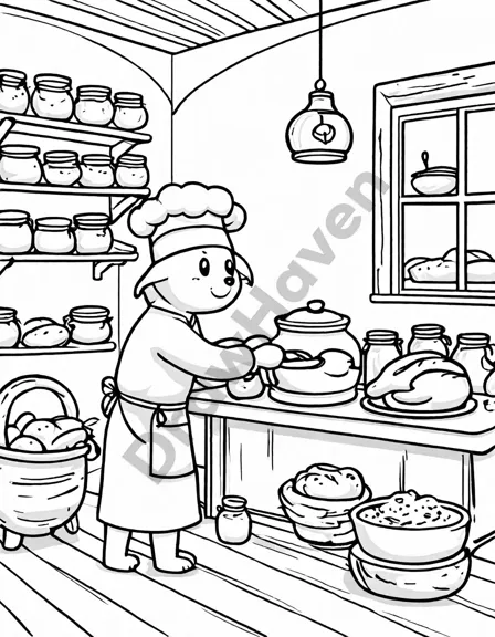 coloring book page featuring sourdough bread making with ingredients and an open oven in black and white