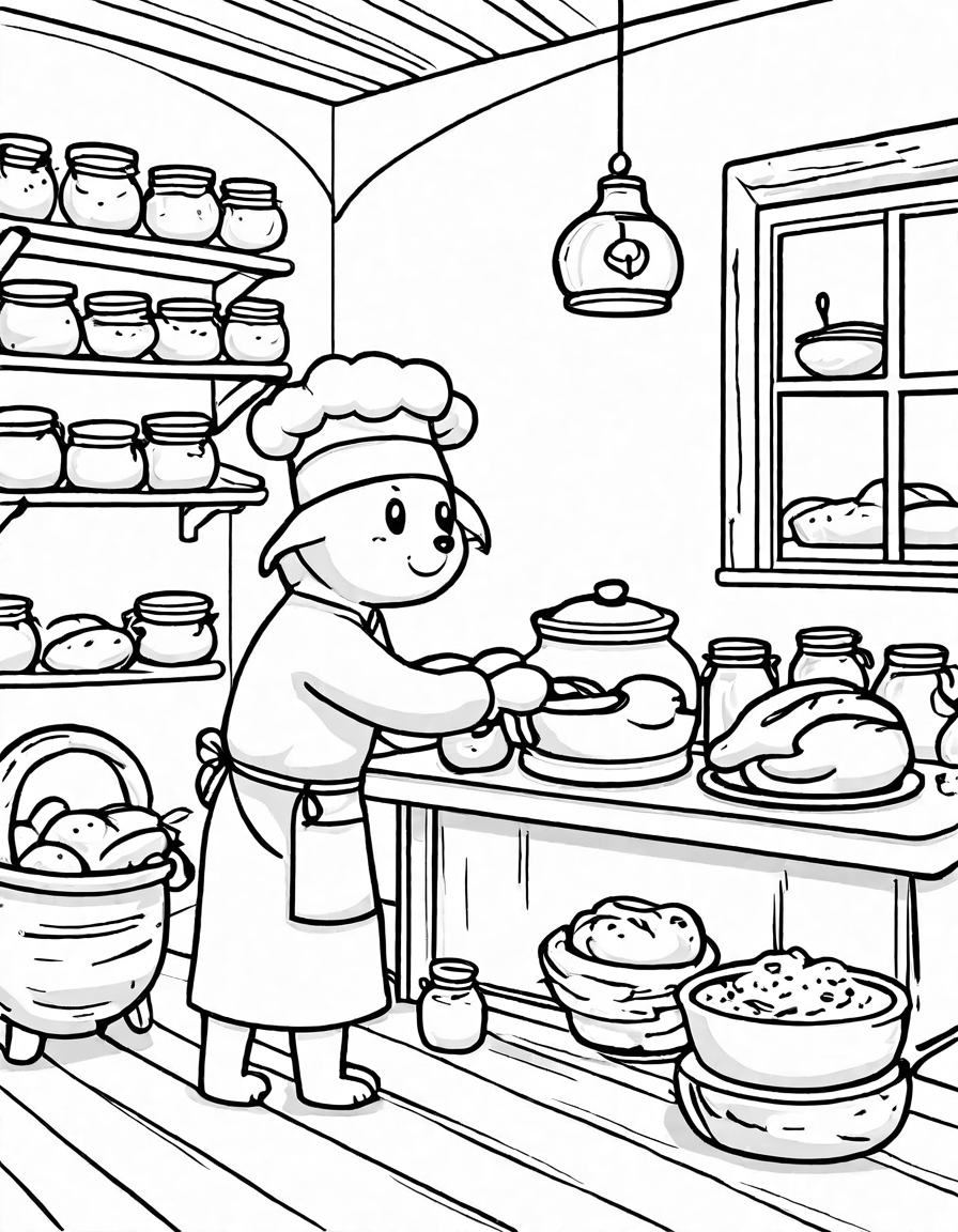 coloring book page featuring sourdough bread making with ingredients and an open oven in black and white