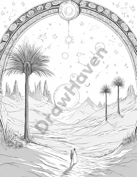 Coloring book image of celestial desert oasis with ethereal mirages and vibrant hues of amethyst, aquamarine, and emerald under a starry sky in black and white