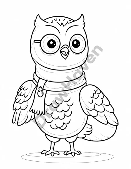 Coloring book image of snow-laden forest with snowy owl, piercing yellow eyes, intricate barred plumage in black and white