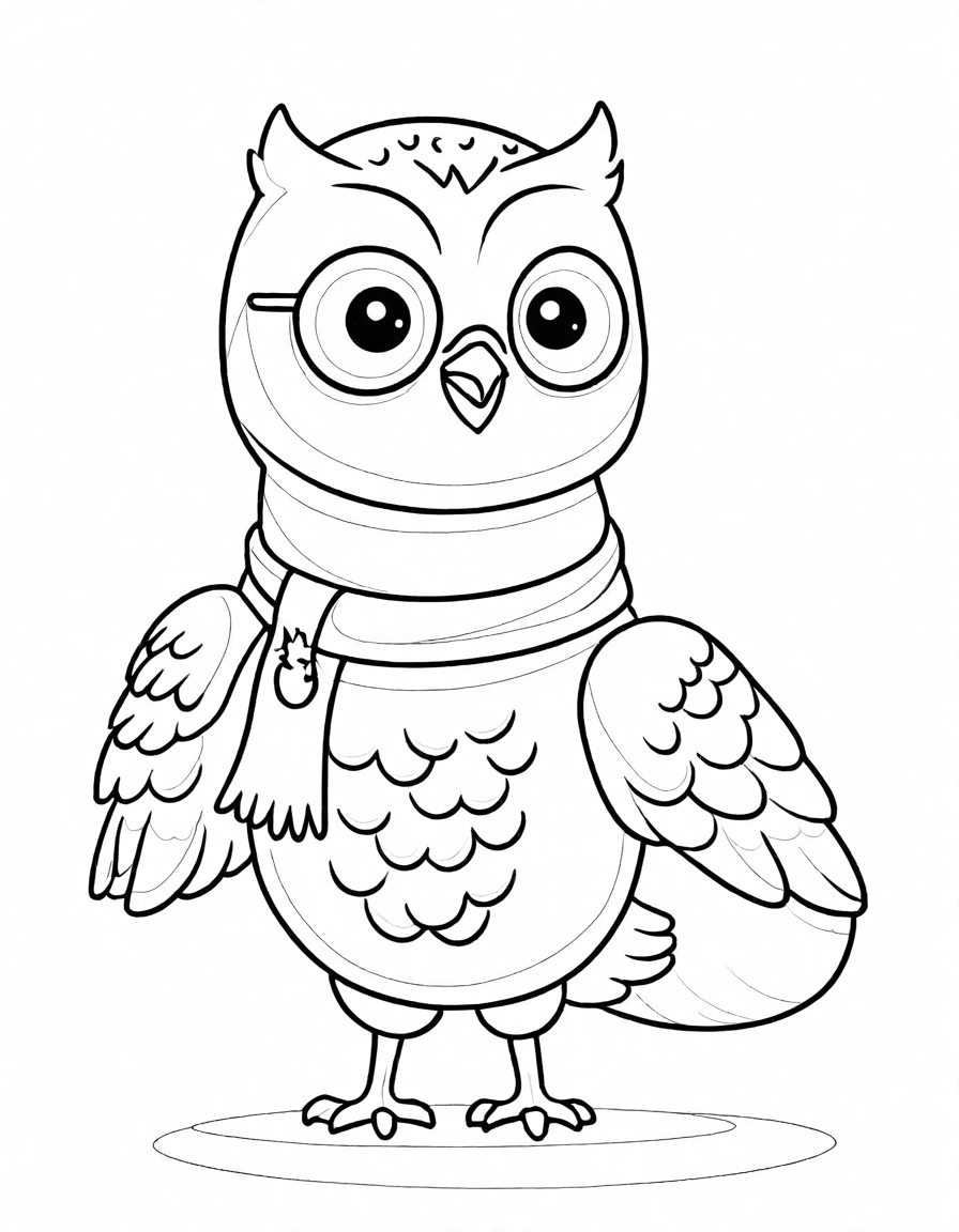 Coloring book image of snow-laden forest with snowy owl, piercing yellow eyes, intricate barred plumage in black and white