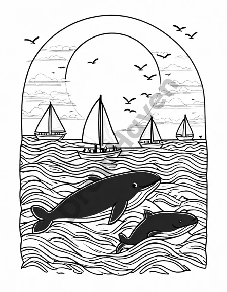 coloring page of whales migrating in the ocean with a sailboat and sunset in black and white