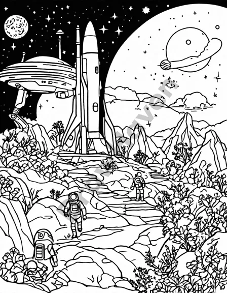 kids' coloring page of astronauts exploring a vibrant alien planet with futuristic spacecraft in black and white