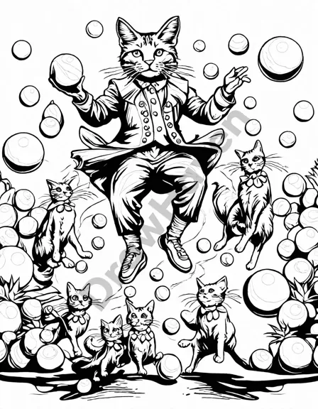 coloring book page featuring jesters on unicycles, juggling with a circus backdrop in black and white