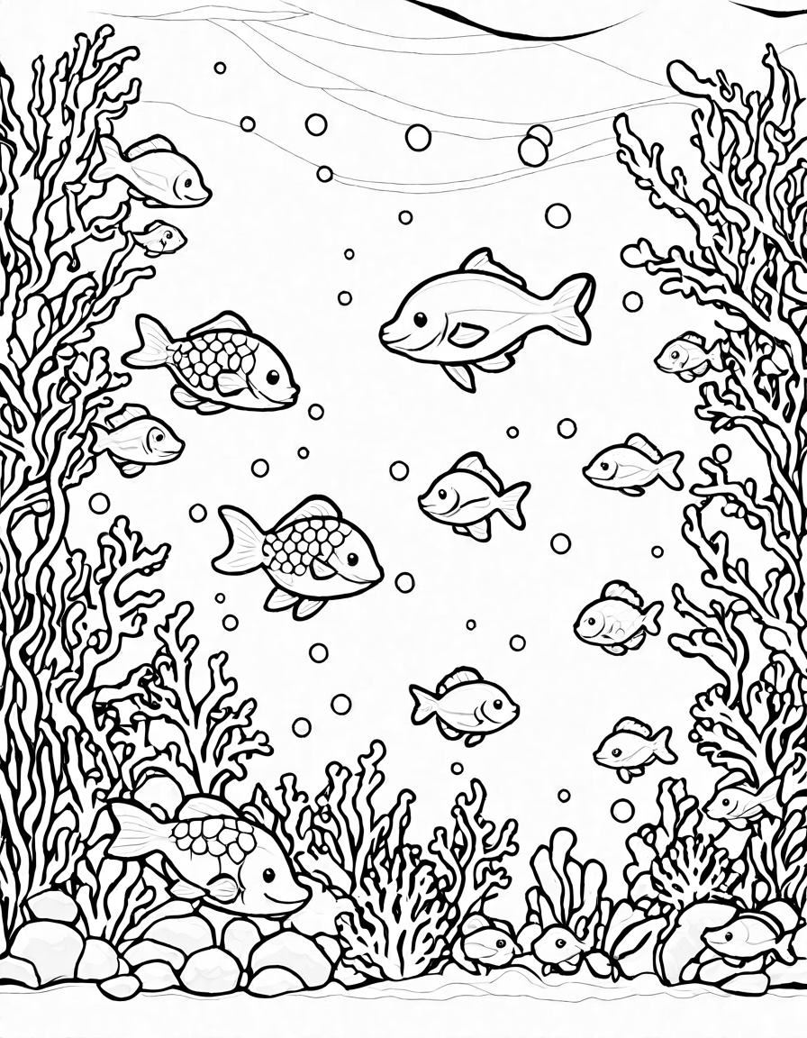 coloring page featuring vibrant fish and coral reefs in an underwater scene in black and white