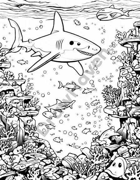 intricate coloring book illustration of a shark amidst colorful coral reefs and swirling ocean currents, showcasing its stealthy ambush in the ocean's depths in black and white