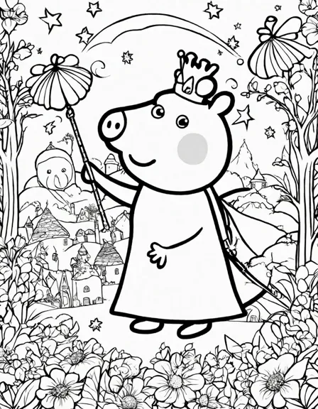 enchanting the fairy princess party coloring page featuring peppa pig and friends amidst sparkling stars, wands, and a rainbow of colors - perfect for imaginative adventures in black and white