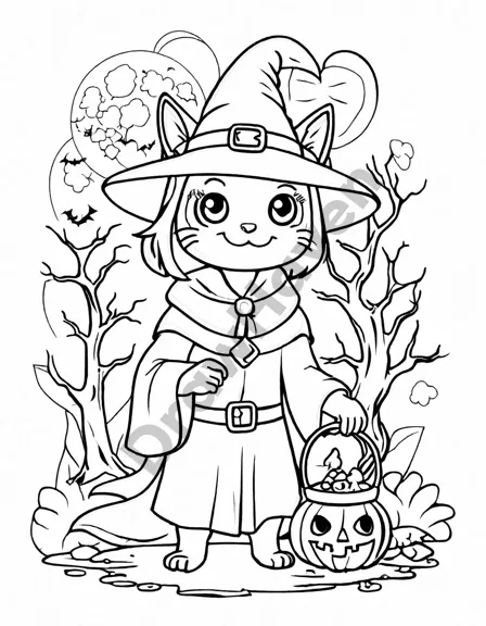 wicked witch brewing a potion under a full moon on a halloween coloring page in black and white