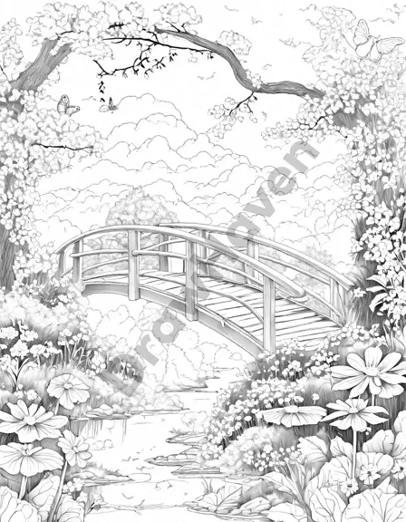 Coloring book image of enchanting wooden bridge over a sparkling stream adorned with fairy lights, colorful wildflowers, and shimmering fairies under a moonlit sky in black and white