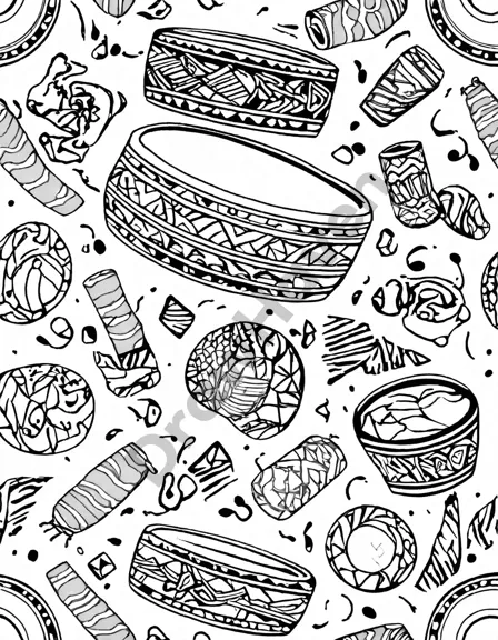 djembe drum coloring page featuring traditional african carvings, motifs, and musical notes in black and white