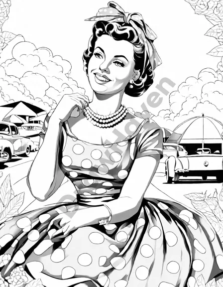 iconic 1950s pin-up style coloring book page: classic model in polka dot dress, pearls, headscarf, by vintage convertible on palm-lined boulevard in black and white