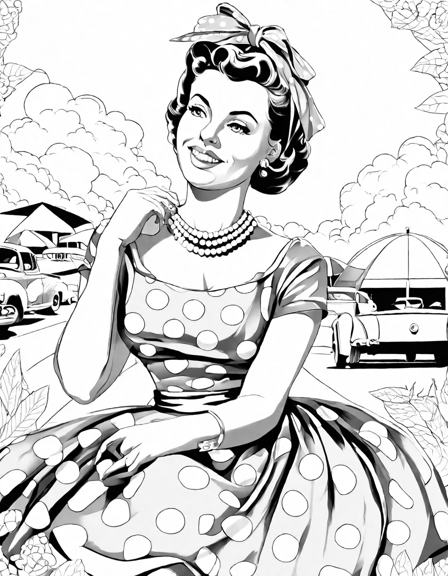 iconic 1950s pin-up style coloring book page: classic model in polka dot dress, pearls, headscarf, by vintage convertible on palm-lined boulevard in black and white