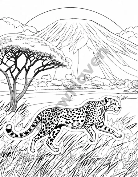 cheetah sprinting in savannah coloring page with acacia trees and distant hills in black and white