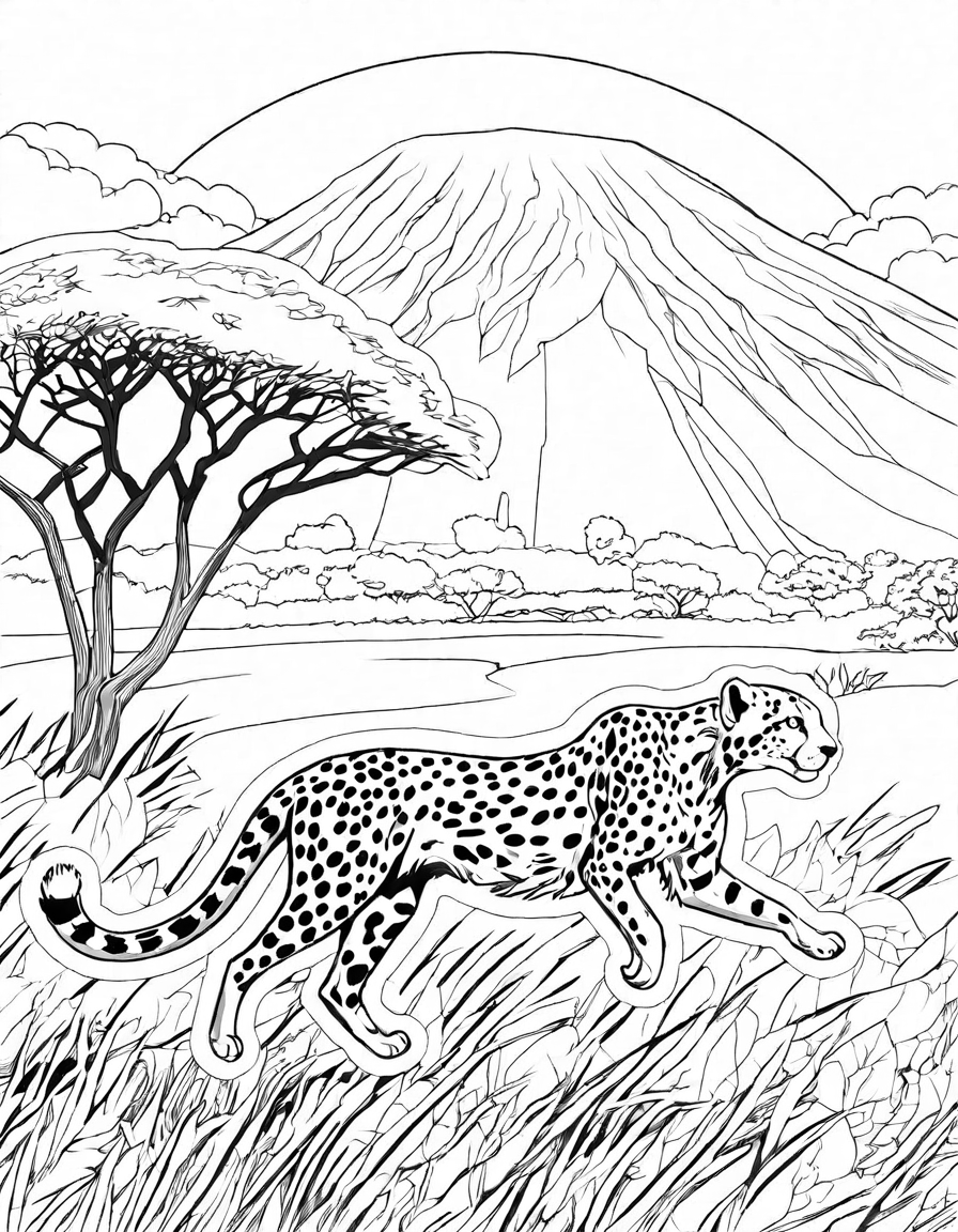 cheetah sprinting in savannah coloring page with acacia trees and distant hills in black and white