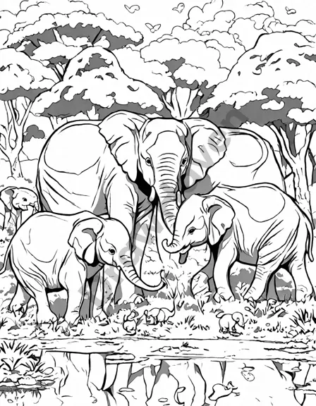 herd of elephants at a watering hole with birds, coloring page image in black and white