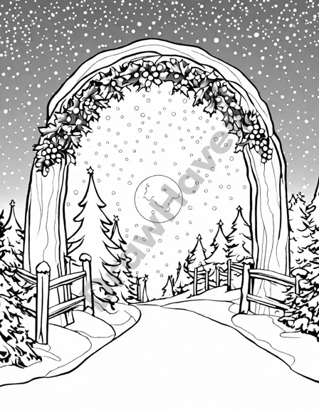 coloring book image of a snowy path leading to a village with christmas decorations and evergreens in black and white