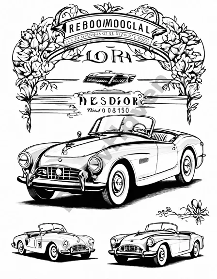 intricate coloring page featuring a lineup of iconic classic automobiles, from vintage roadsters to sleek sports coupes, capturing the nostalgia and beauty of the golden age of automotive engineering in black and white