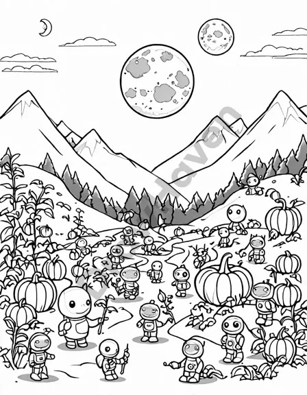 coloring page of an alien farm with floating square pumpkins, glowing crops, and multi-limbed alien farmers in black and white