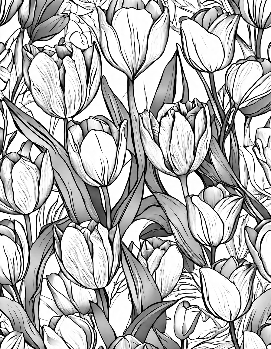 vibrant tulips in bloom intricate coloring page with various tulips in full bloom, surrounded by delicate leaves and flowers, perfect for nature lovers in black and white
