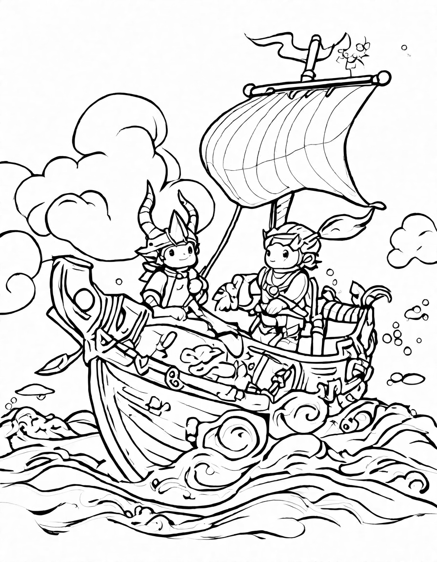 coloring book page featuring a viking leader on a drakkar at sea amidst waves in black and white