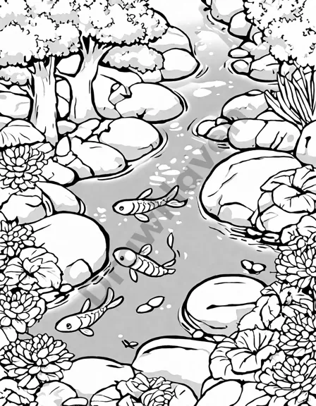 zen garden coloring page with koi fish, dragonflies, songbirds, and nature in black and white