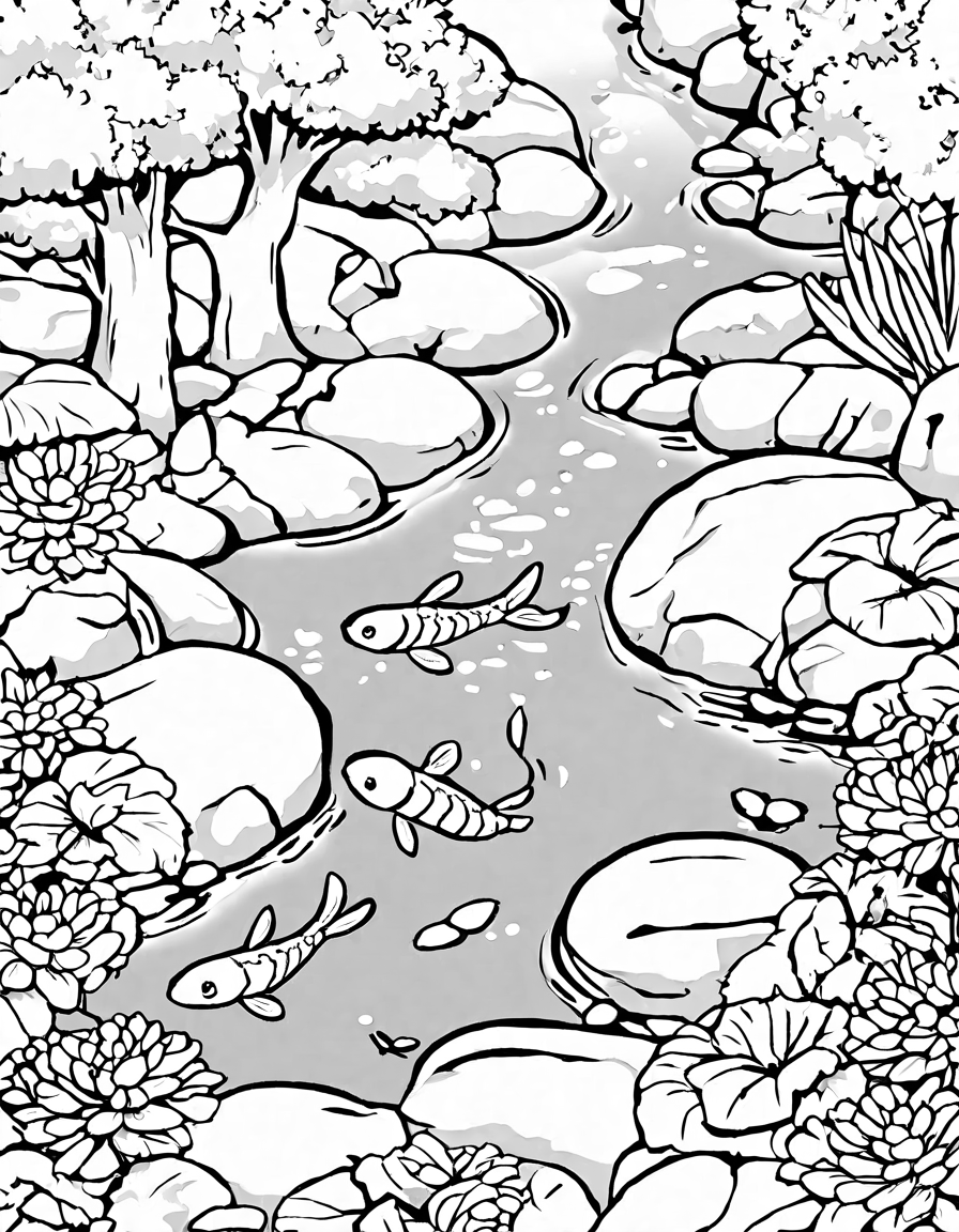 zen garden coloring page with koi fish, dragonflies, songbirds, and nature in black and white