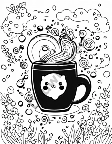 espresso-inspired coloring page with intricate swirls and rosettes on a creamy latte background in black and white