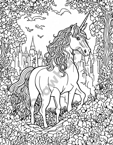 mystical unicorn searches for treasure in an ancient magical forest coloring book image in black and white
