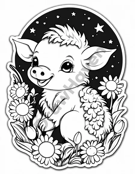 coloring page of baby farm animals cuddling under stars, perfect for colorists and farm life enthusiasts in black and white