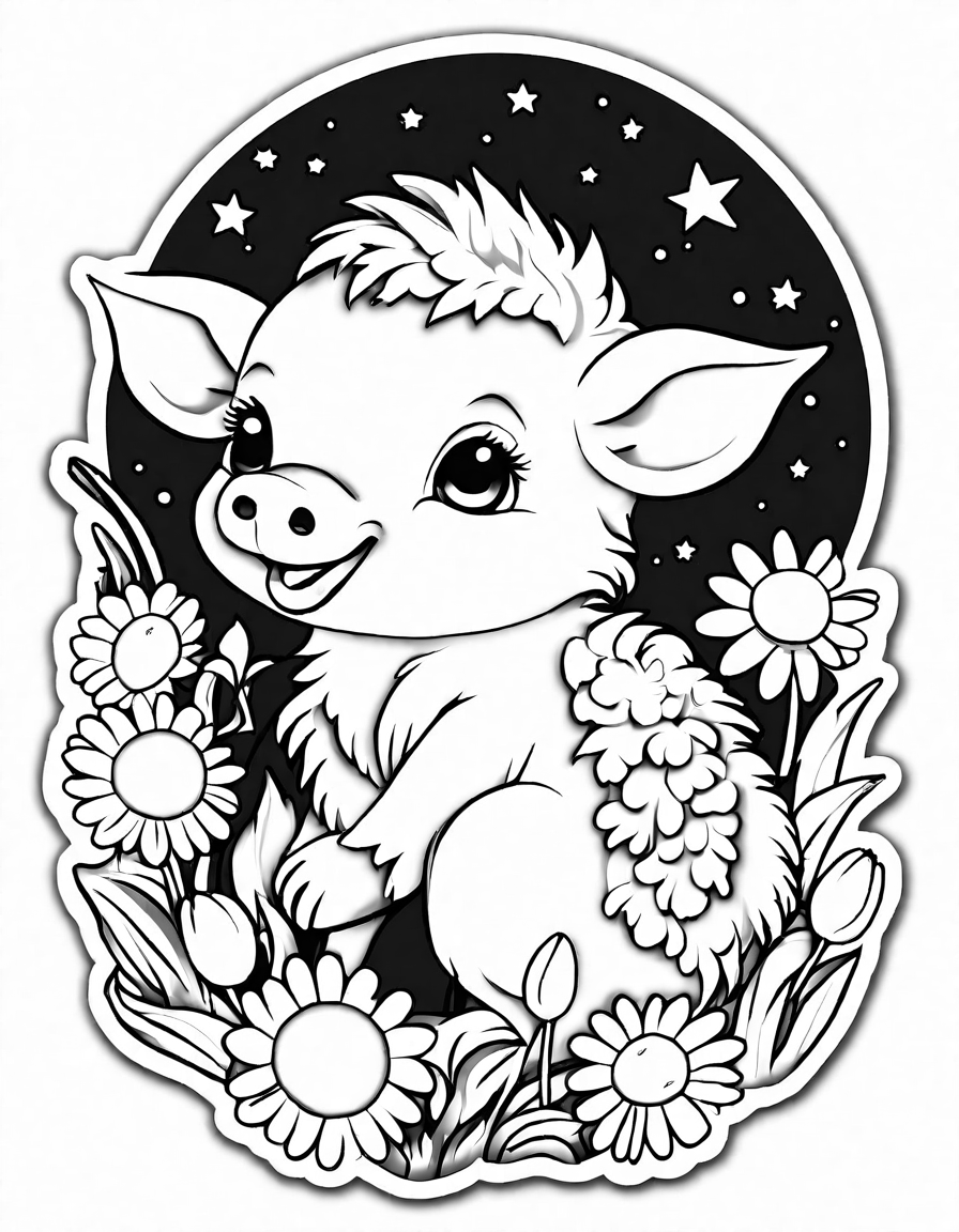 coloring page of baby farm animals cuddling under stars, perfect for colorists and farm life enthusiasts in black and white