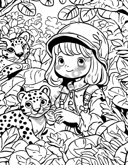 jungle safari coloring book scene with camouflaged leopards in dense foliage in black and white