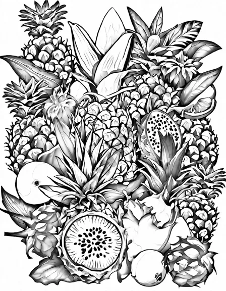 coloring page featuring an array of tropical fruits and lush leaves inviting artistic exploration in black and white