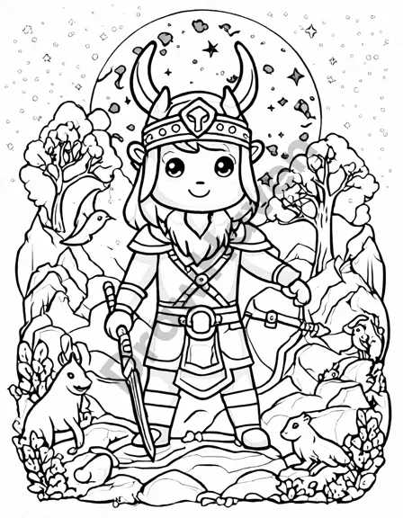 coloring page of a viking seer with visions of longships, warriors, and mythical creatures in a mystical grove in black and white