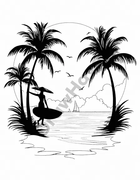 tropical beach coloring page with palm trees, a calm sea, and a boat under a full moon in black and white