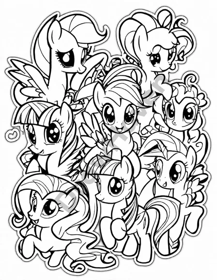 Coloring book image of my little pony characters twilight sparkle, rarity, fluttershy, pinkie pie, applejack, and rainbow dash gather at the friendship festival in black and white