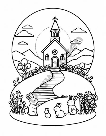easter sunrise service coloring page with people gathering in a meadow, chapel silhouette in the background in black and white