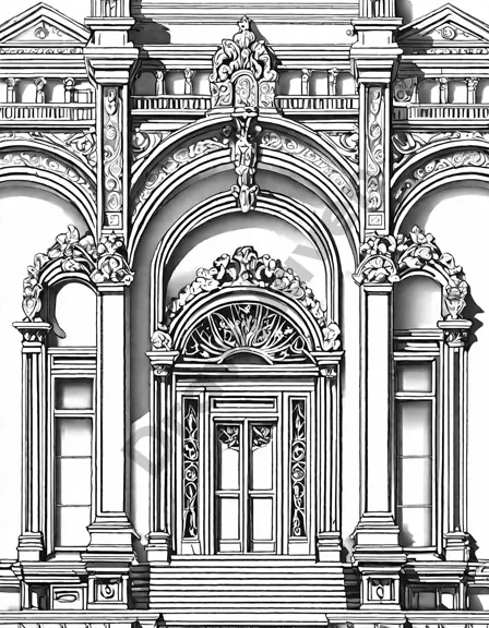 elaborate coloring page of a grand opera house facade with towering columns, ornate balconies, and archways in black and white