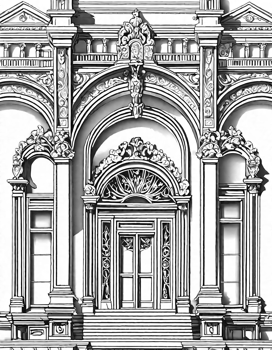elaborate coloring page of a grand opera house facade with towering columns, ornate balconies, and archways in black and white