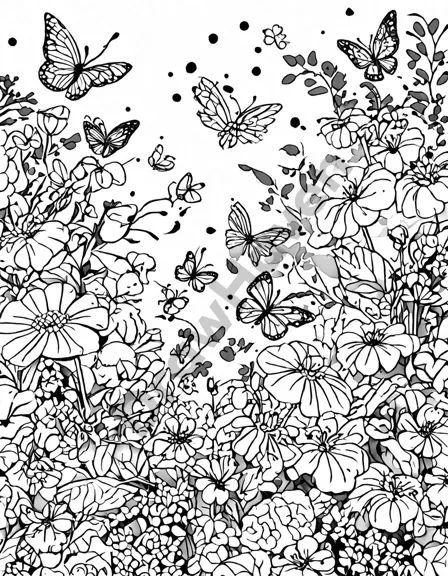 coloring page featuring a lush butterfly garden with blooming flowers and playful insects in black and white