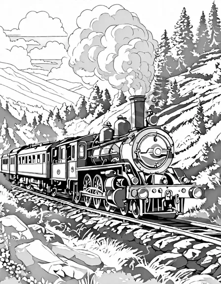 coloring book page featuring detailed illustrations of historical trains and landscapes in black and white