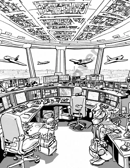 coloring book page featuring air traffic control tower view of a busy airport with planes and details in black and white