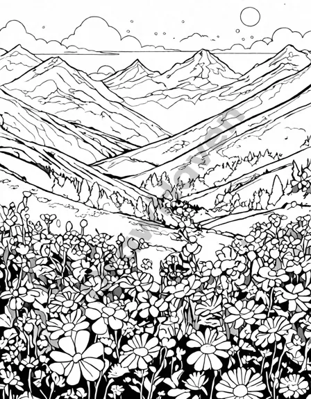 serene coloring book page depicts a vibrant mountain landscape alive with wildflowers bursting into bloom, set against towering peaks and rolling hills in black and white